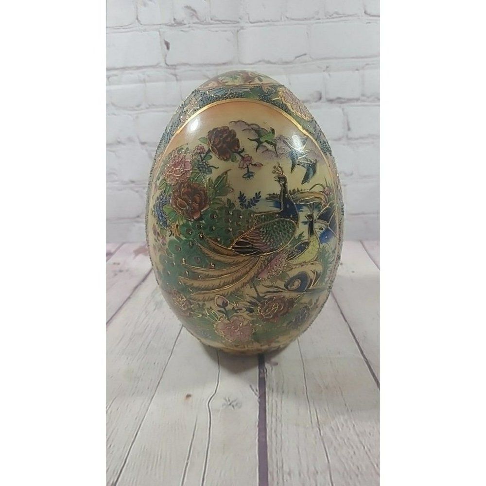 Vintage Asian Satsuma Pracock Porcelain Egg